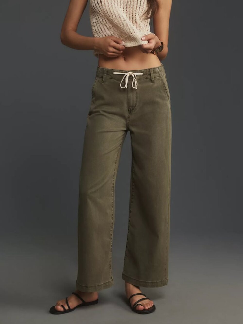 Paige Carly Pant High Rise Crop Wide Leg Jeans Drawstring Trousers Green
